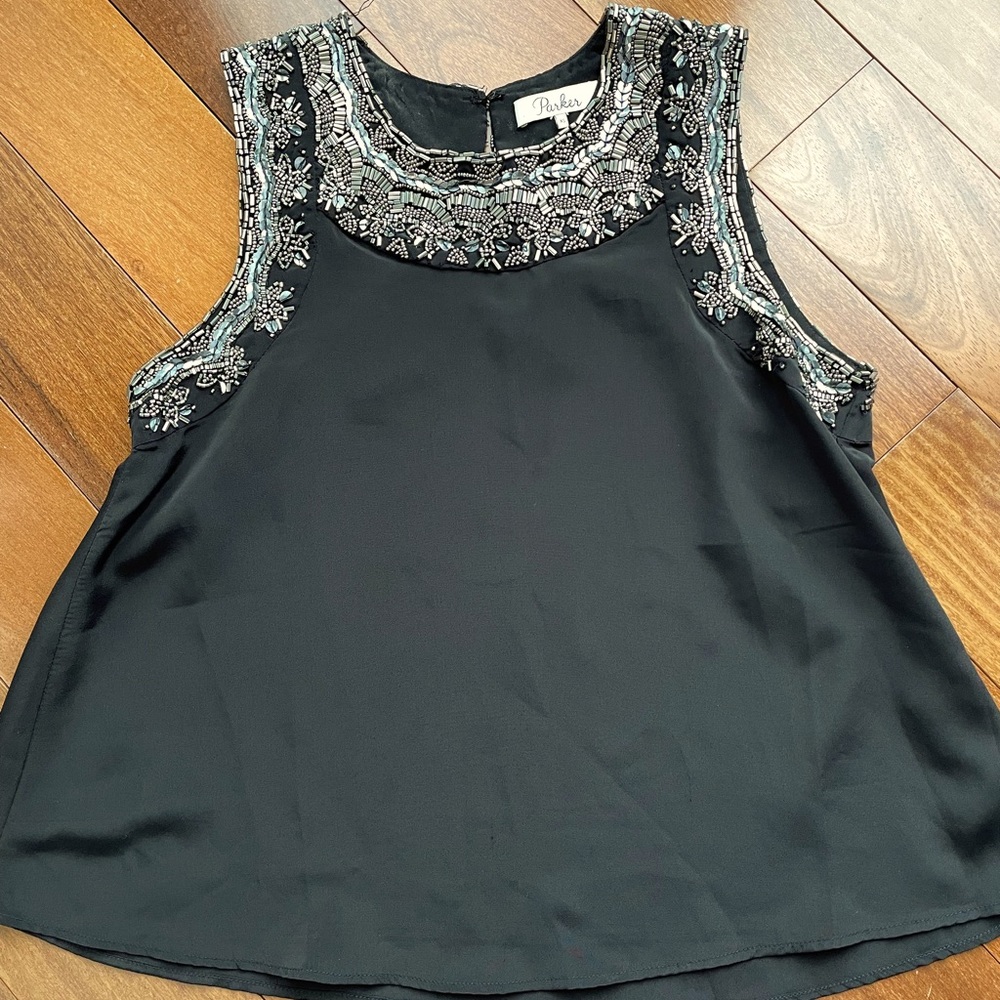Parker NY Black Beaded Neckline Semi Sheer Tank size Xs